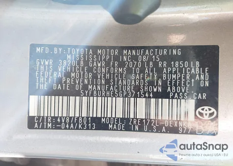 2016 Toyota Corolla Le from USA, damaged, VIN 5YFBURHE5GP371544